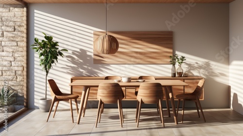 scandinavian dning room with big window daylight home interior creative design background dining area decorate with natural material and colour scheme in cosy comfort interior house © VERTEX SPACE