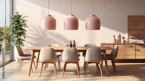 scandinavian dning room with big window daylight home interior creative design background dining area decorate with natural material and colour scheme in cosy comfort interior house © VERTEX SPACE
