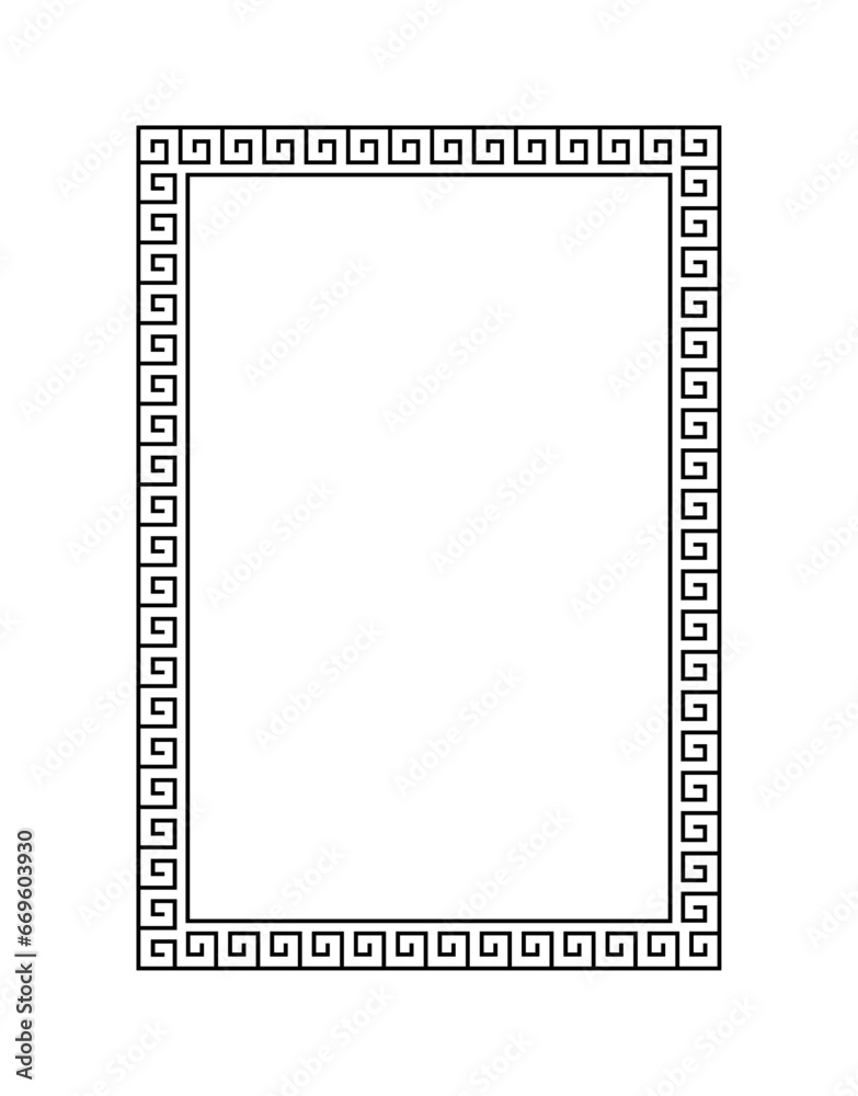 Greek frame. Meander pattern border vertical rectangle. Greek square frame. Greece ornament. Grecian ancient style. Roman design. Geo mediterranean decoration. Element antique. Vector illustration