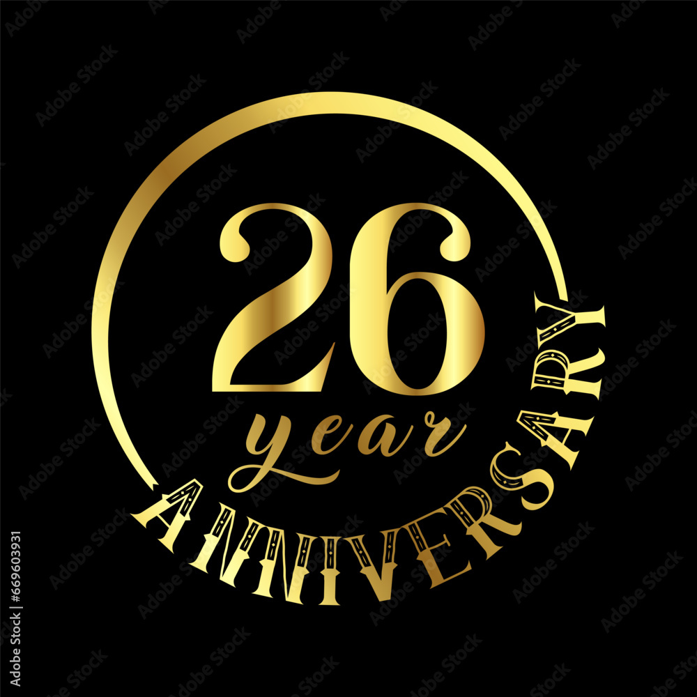 26 year anniversary celebration. Anniversary logo with golden color vector illustration.