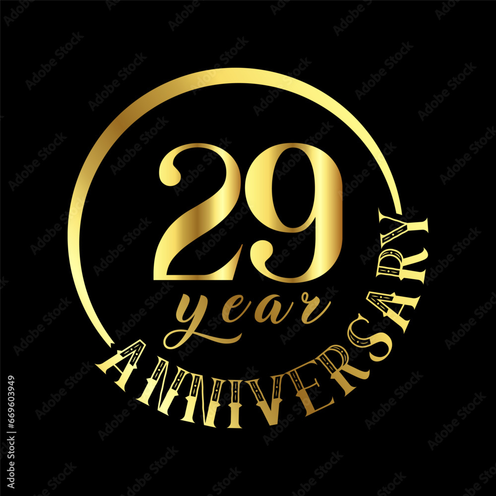 29 year anniversary celebration. Anniversary logo with golden color vector illustration.
