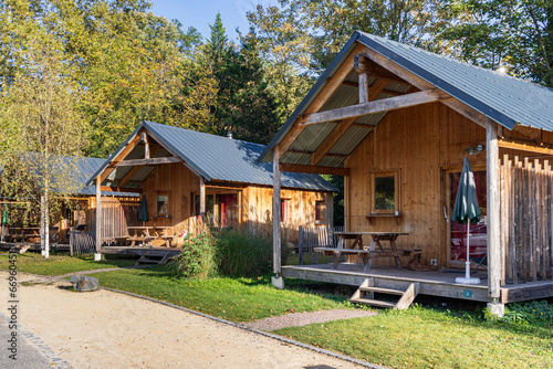 Tiny wooden houses at campsite in Strasbourg in France