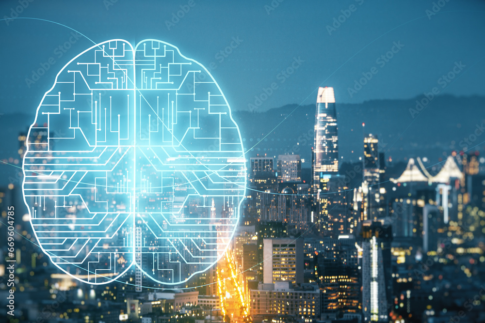 Virtual creative artificial Intelligence hologram with human brain sketch on San Francisco skyline background. Multiexposure