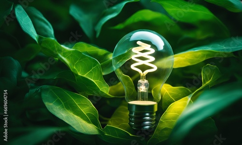 Energia Renovável e sustentável, lâmpada gerando energia limpa ao redor de folhas verdes.