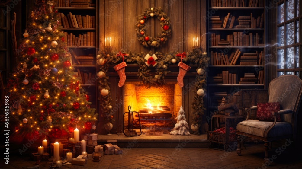 Home Christmas: Magical Glowing Tree, Fireplace, and Gifts. Festive Interior Decoration in a Cozy Holiday Room
