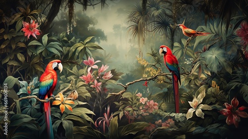 Jungle and foliage wallpaper vintage backdrop with flamingos and birds in a tropical jungle mural. Generative Ai. © Retu