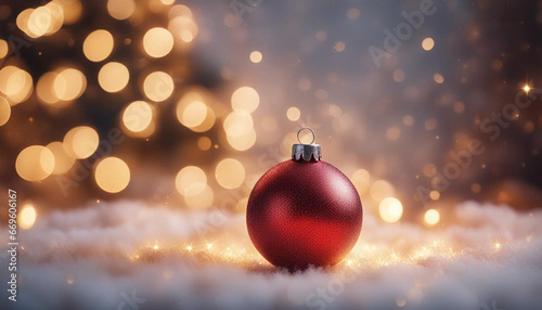 Golden and blue balls with bokeh lights on a green Christmas tree with cones, winter background for greeting card, atmosphere of cosiness and celebration