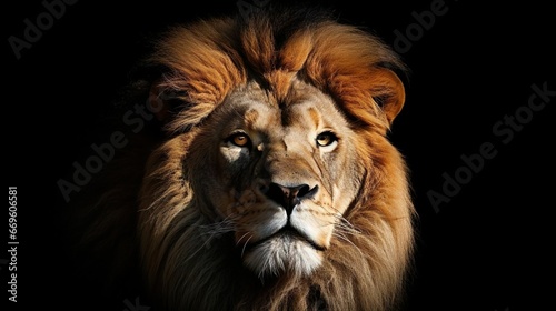 Portrait of a big male African lion on black background