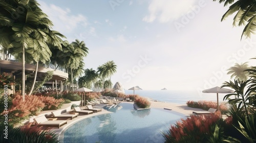 Luxurious beachfront resort swimming pool with tropical © Jodie
