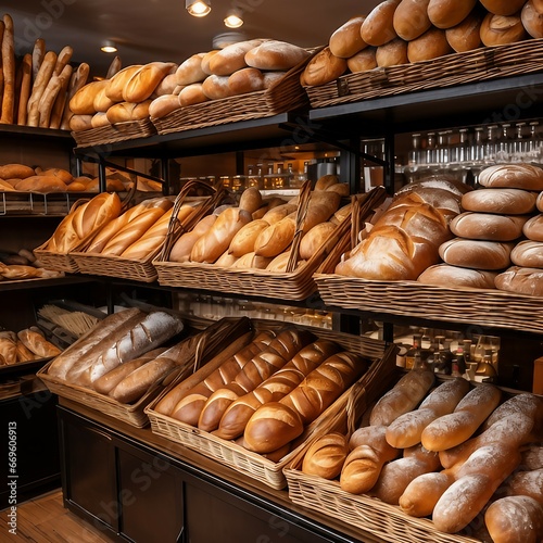 Breads on supermarket shelves, Different bread, baguettes, bagels, bread buns, and a variety of other fresh bread on display on grocery store bakery shelves, bread in a bakery
