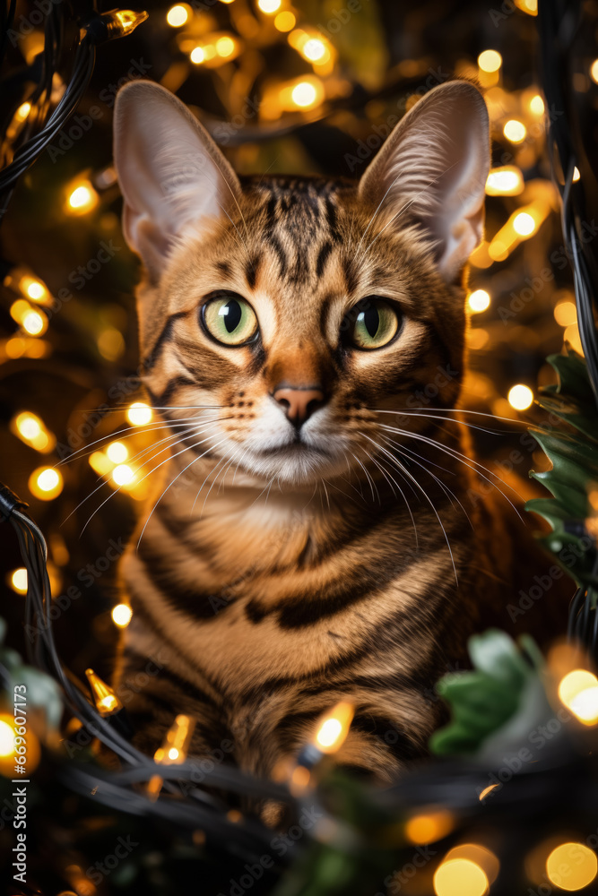 Bengal cat entwined in Christmas lights embodying the holiday spirit 