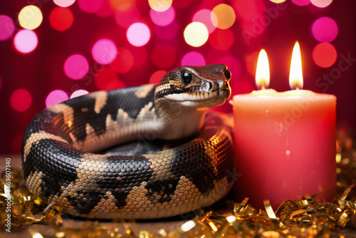Ball Python snake with yule log and fairy lights isolated on a gradient Christmas background 