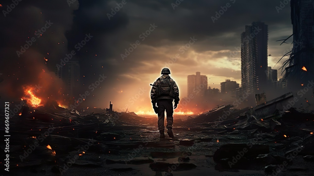 Fototapeta premium Lone soldier walking in destroyed city