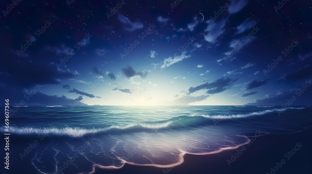 Sea waves rolling onto sandy beach under starry sky