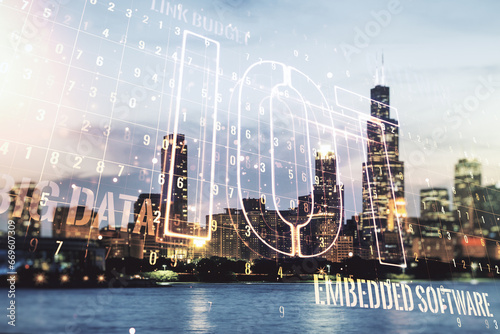 Double exposure of abstract virtual IOT hologram on Chicago city skyscrapers background, research and development concept