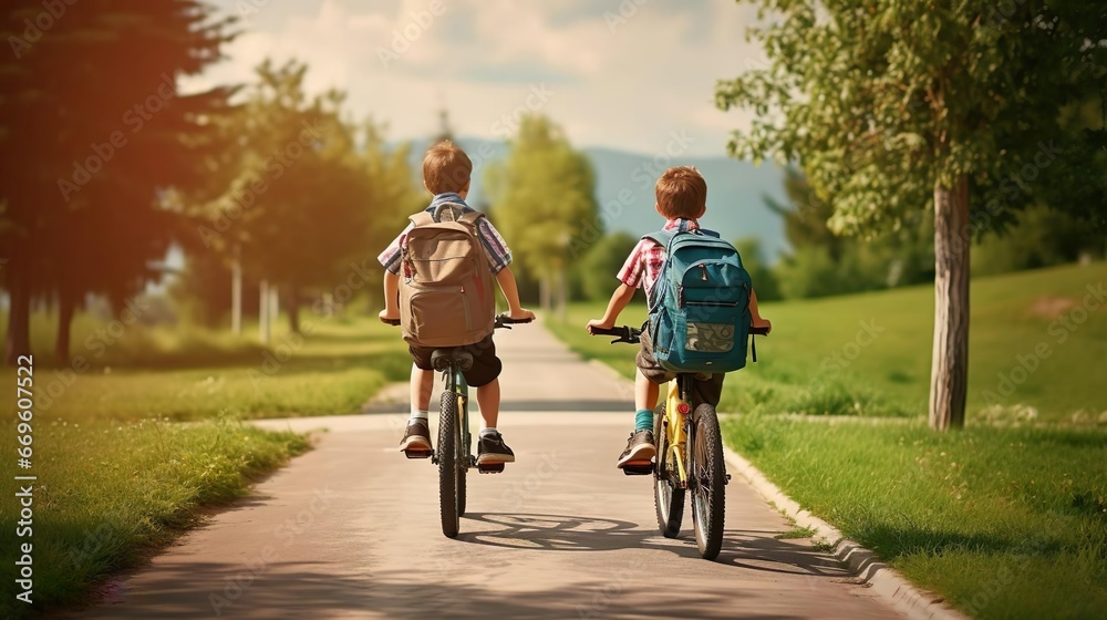 Obraz premium Two boys with backpacks on bicycles going to school
