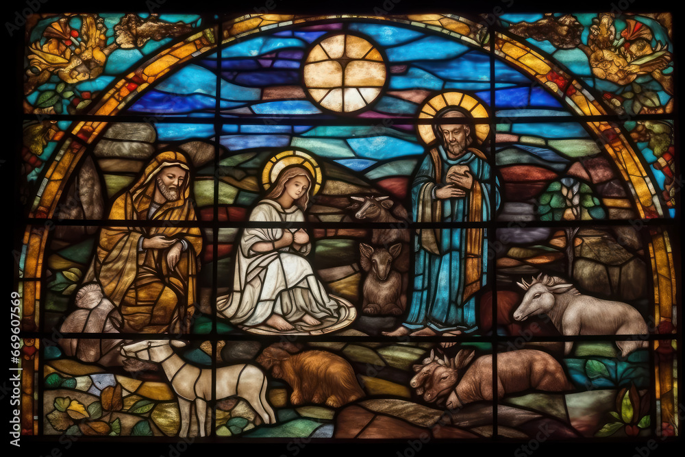 Stained glass window with motifs of the nativity of Jesus. Generative AI.