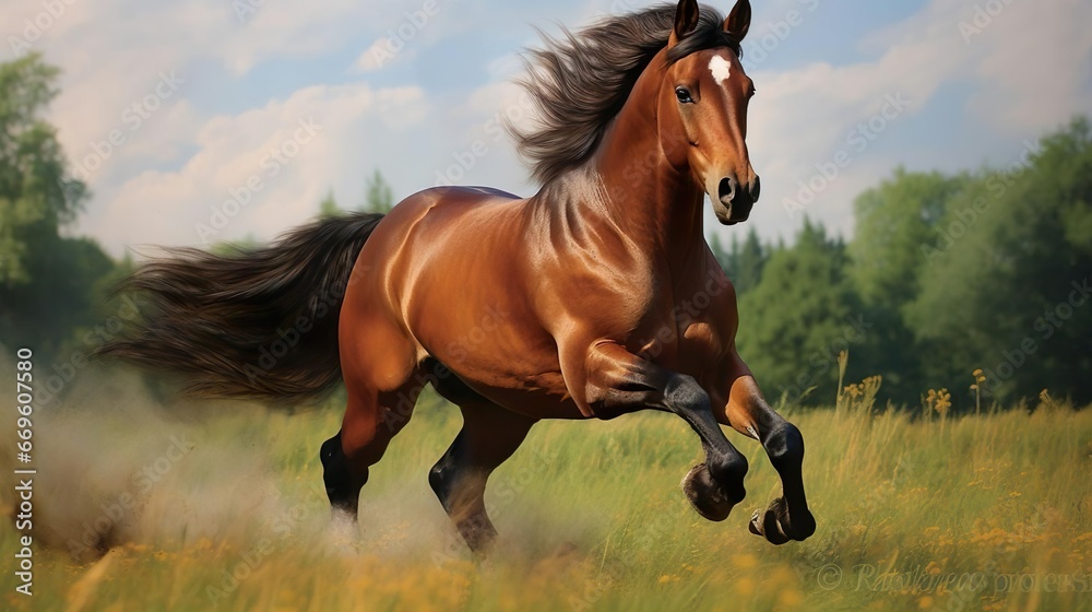 The bay horse gallops on the grass The bay horse gallops on the grass