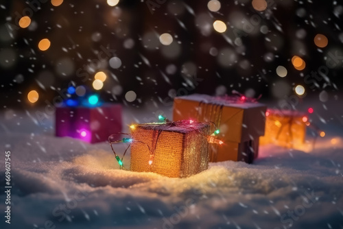 Christmas gift packages, outdoors, with colored lights in the background. Generative AI. © Agustin