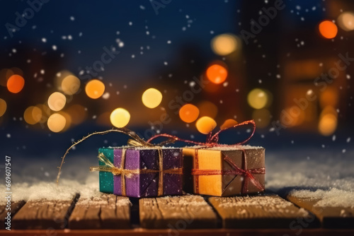 Christmas gift packages, outdoors, with colored lights in the background. Generative AI. © Agustin