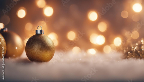 Golden and blue balls with bokeh lights on a green Christmas tree with cones  winter background for greeting card  atmosphere of cosiness and celebration