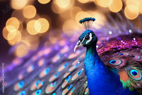 Christmas Peacock tail feathers lit with holiday lights background with empty space for text 