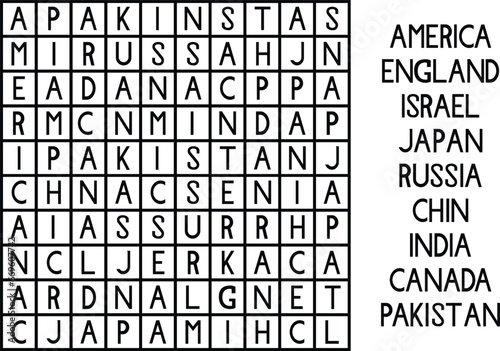 Educational game for kids, word search. Find 10 national capitals. Worksheet for class or at home with the kids. A4 size.
