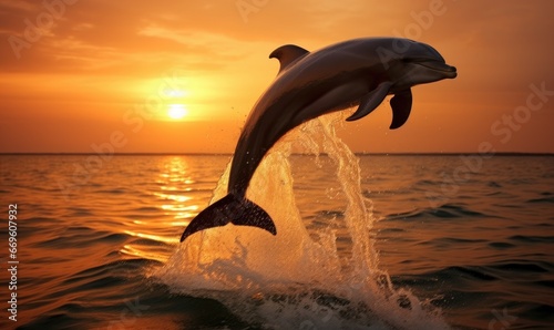 Photo of a playful dolphin leaping out of the water against a stunning sunset backdrop © uhdenis