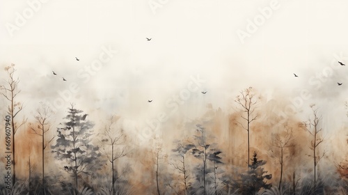 Watercolor painting of an autumnal woodland scene with dried trees, birds, and a fog-covered backdrop. Generative Ai.