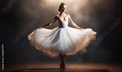 Photo of a woman in a white dress standing in front of a stage