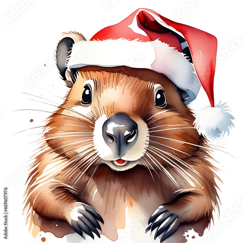 Festive Watercolor Art of a Beaver Wearing a Santa Hat for Christmas