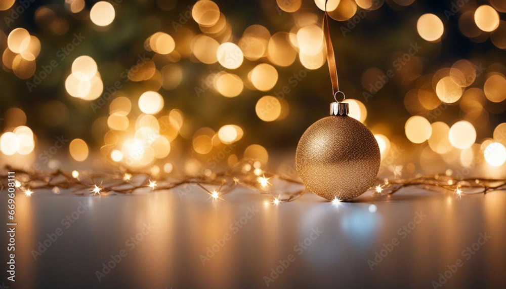 Golden and blue balls with bokeh lights on a green Christmas tree with cones, winter background for greeting card, atmosphere of cosiness and celebration