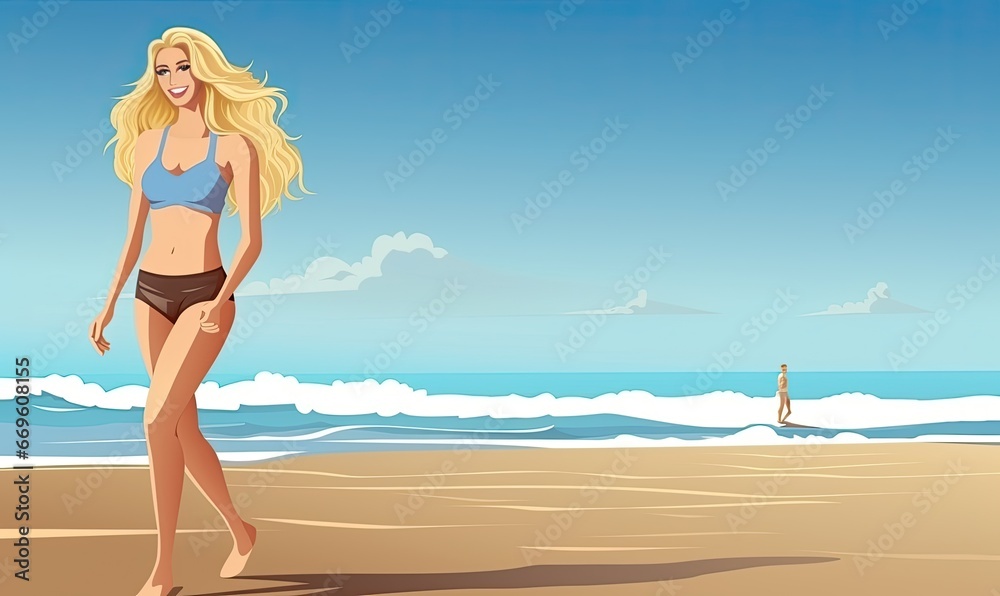 Photo of a woman walking on the beach in a bikini