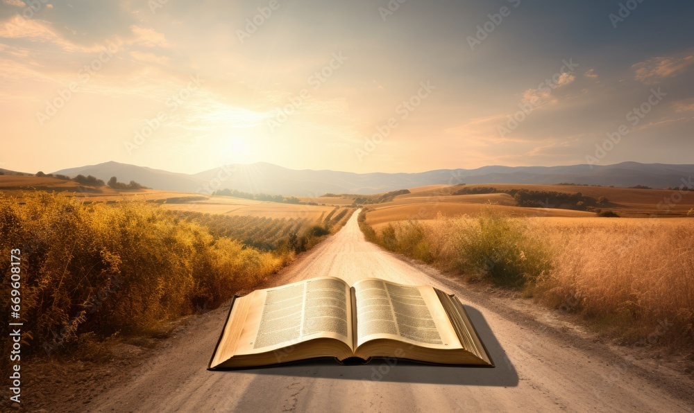 Photo of an open book resting on a dusty road, inviting passersby to explore its tales and secrets - obrazy, fototapety, plakaty 