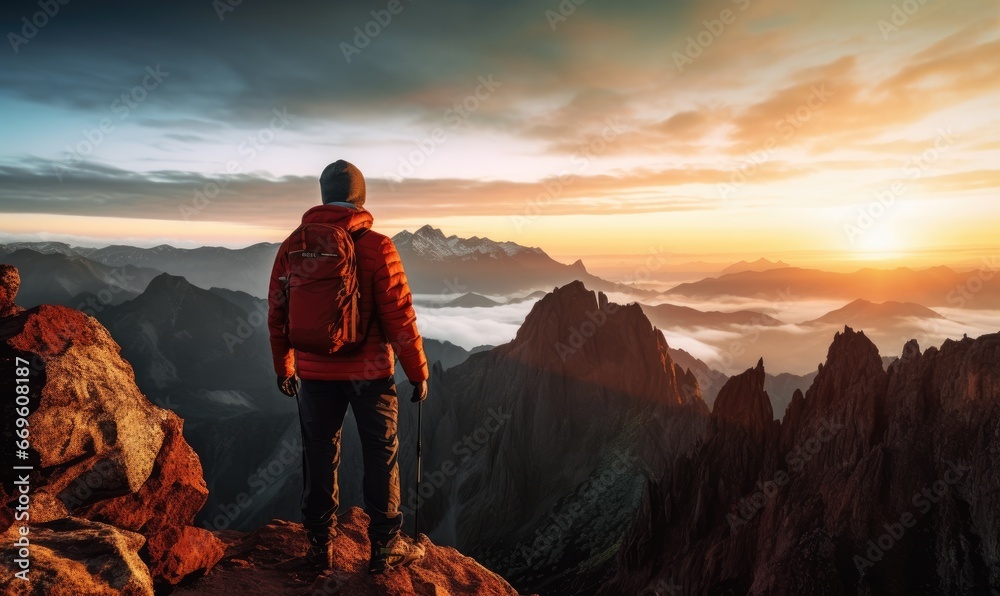 Photo of a man standing on top of a mountain at sunset
