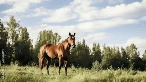 Thoroughbred horse mare on pasture Farm animal © Jodie