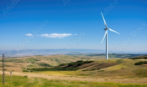 Photo of a wind turbine in a scenic field with a dirt road leading towards it