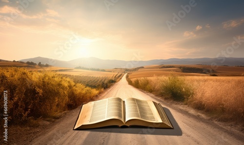 Photo of an open book resting on a dusty road, inviting passersby to explore its tales and secrets