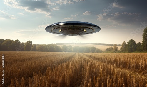 Photo of an extraterrestrial hovering above a golden wheat field
