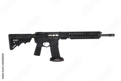 AR15 carbine, modern automatic black rifle isolated on white background. Weapons for police, special forces and the army.