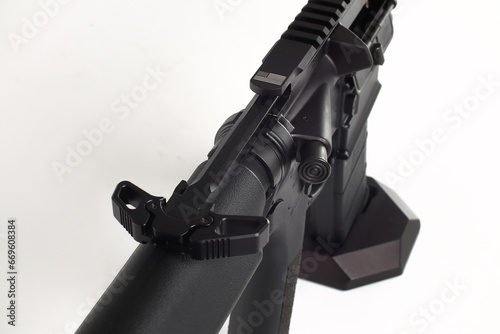 AR15 carbine, modern automatic black rifle isolated on white background. Weapons for police, special forces and the army.