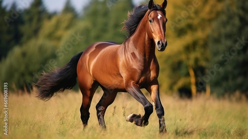 The bay horse gallops on the grass © Jodie