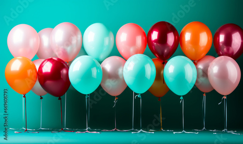 Balloons and Ropes: A Burst of Color on Light Green Background