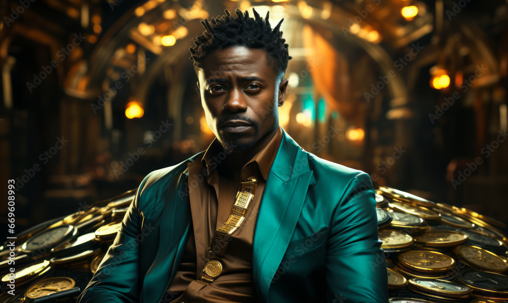 Fototapeta premium Stylish Man in Futuristic Gold and Teal: Cyberpunk Background and Money Theme