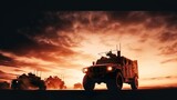 Military patrol car on sunset background Army war