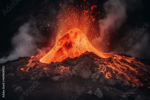 An erupting volcano with flowing lava. Generative AI