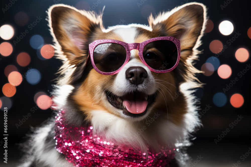 New Years Corgi dog with sequin scarf and festive sunglasses background with empty space for text 