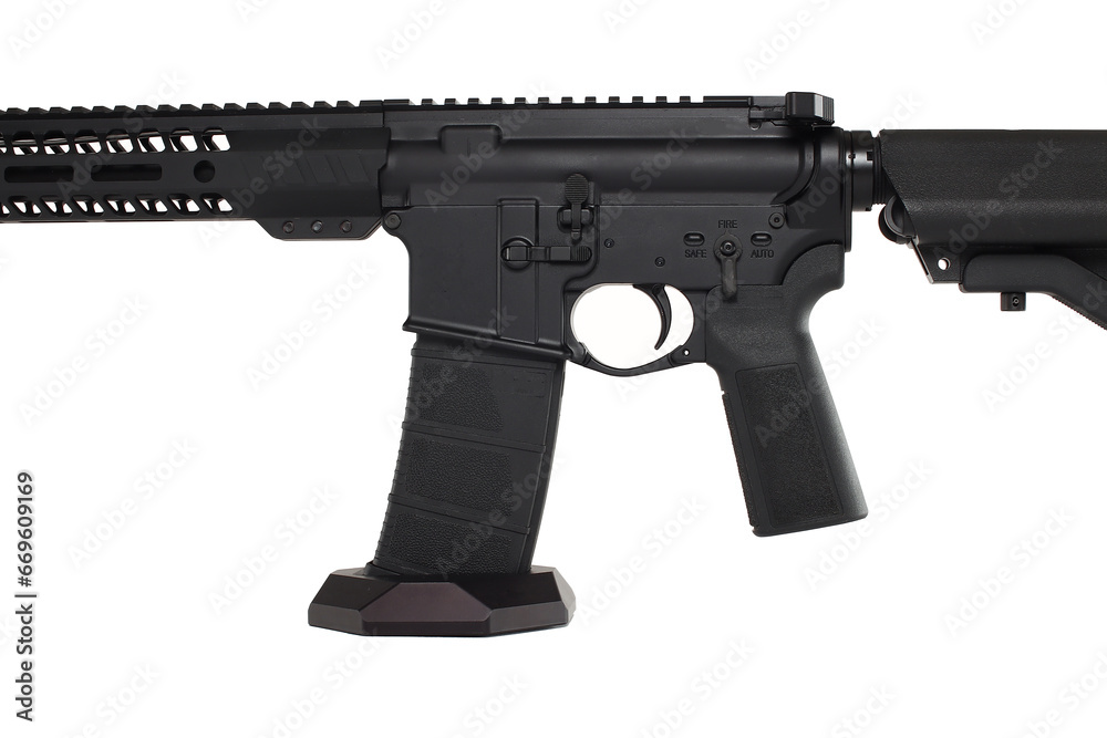 AR15 carbine, modern automatic black rifle isolated on white background. Weapons for police, special forces and the army. AR15 carbine, modern automatic black rifle isolated on white background. Weapons for police, special forces and the army.