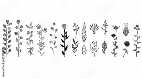 Set of tiny wild flowers and plants line art vector photo