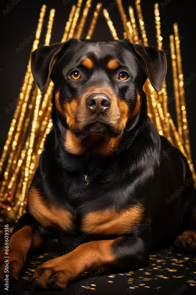 New Years Rottweiler dog with festive gold party cracker background with empty space for text 